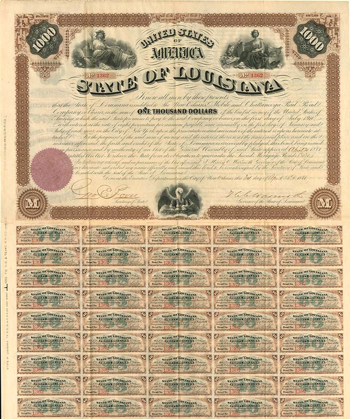 Gov. Henry Clay Warmoth signed State of Louisiana $1,000 Bond